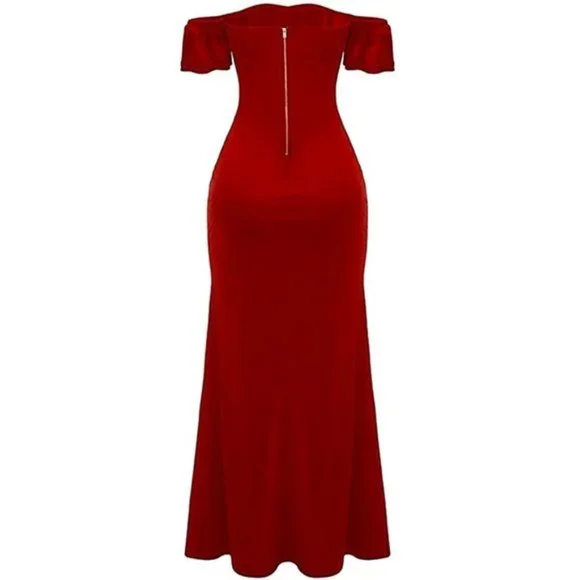 Women's Off Shoulder Side Split Short Sleeve Elegant Skirt Bodycon Maxi Evening - Picture 3 of 4